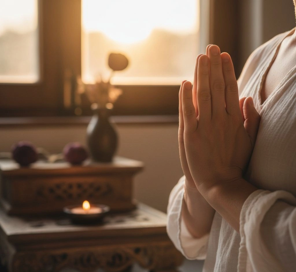 A pair of hands in Anjali Mudra, the gesture of prayer and devotion.
