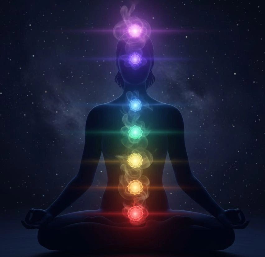 Seven chakras aligned on a meditating figure