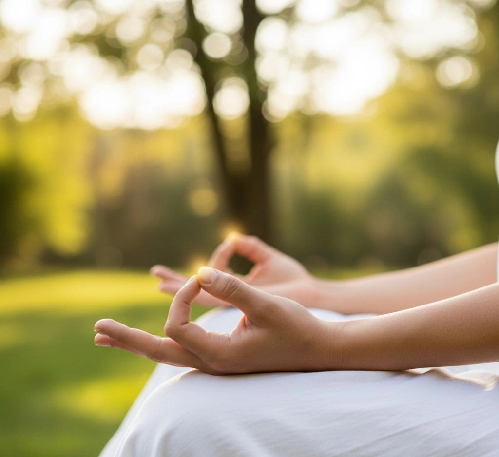 A clear depiction of a hand performing Gyan Mudra, the Seal of Wisdom.