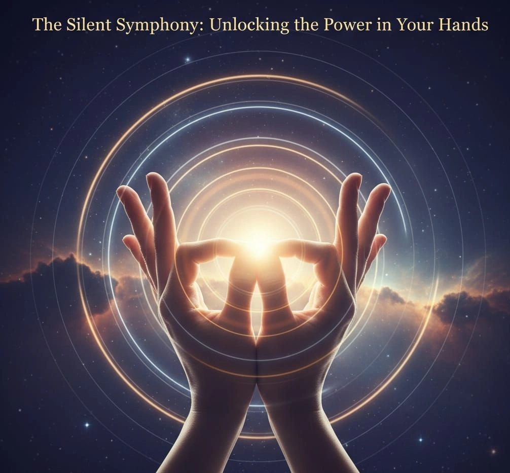 A serene image depicting the theme of Mudras, with hands in a symbolic gesture.
